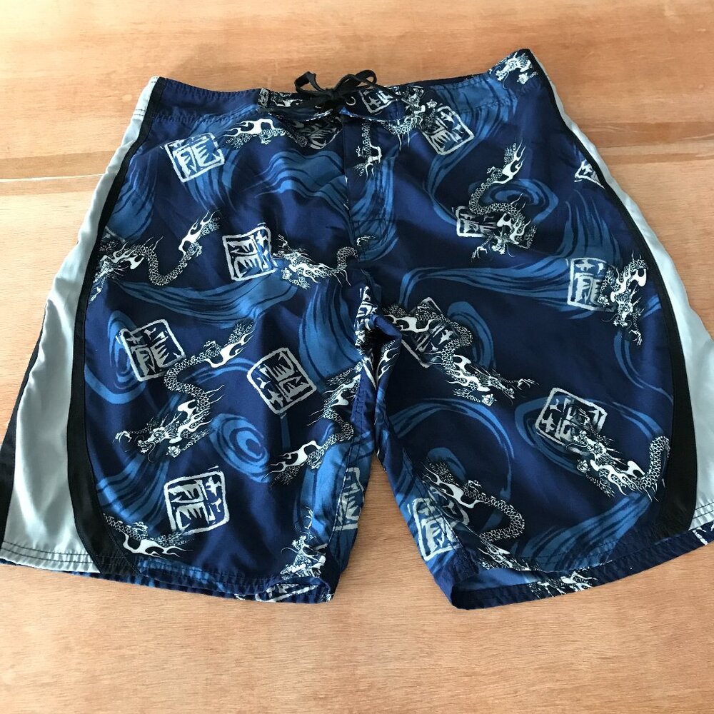 Crazy Shirts Board Swim Shorts Men 36 Blue Dragons High Rise Tie Waist Beach